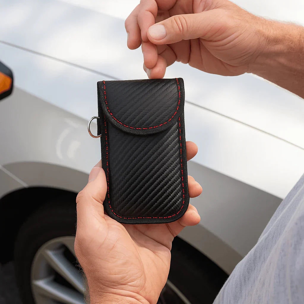 Person holding car key and Faraday pouch to prevent signal relay theft.
