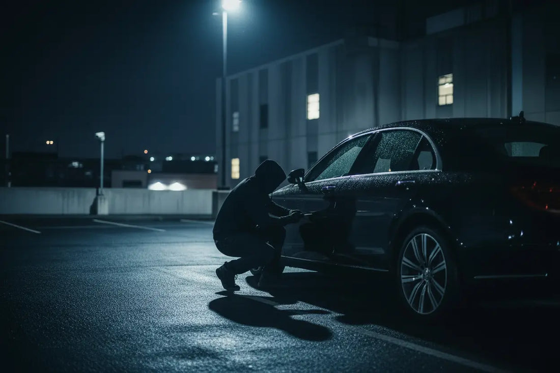 Car thief breaking into vehicle at night in parking lot demonstrating need for theft prevention devices