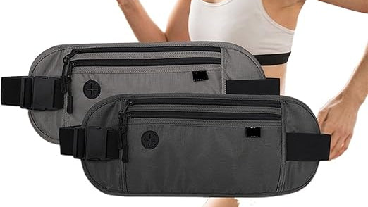 Woman running with two waist bags on a white background