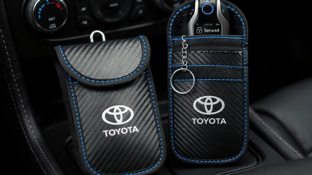 Car key fob cover with Toyota logo on a car dashboard, featuring security benefits.
