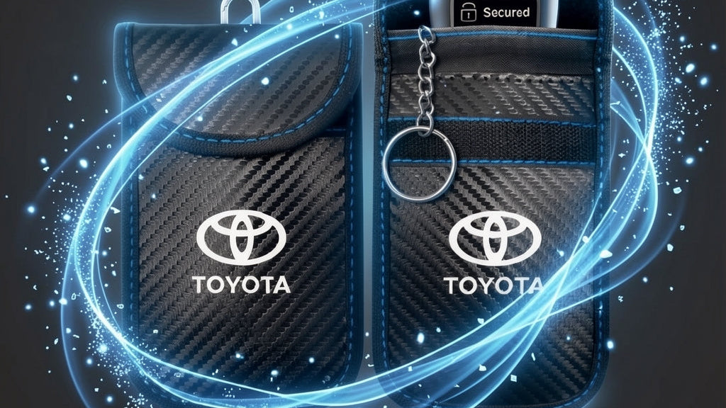 Toyota car key fobs with security features on a dark background