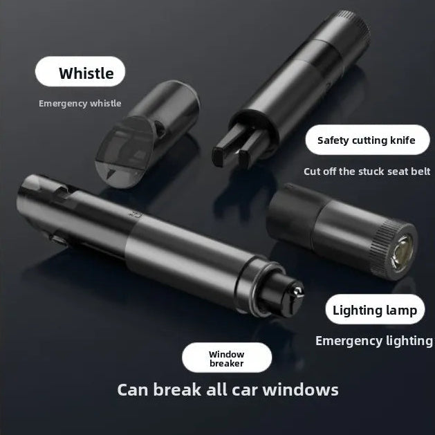 Multifunctional tool with whistle, safety knife, window breaker, and lighting lamp on a dark background.