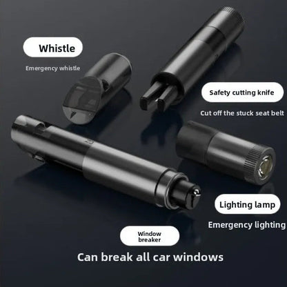 Multifunctional tool with whistle, safety knife, window breaker, and lighting lamp on a dark background.