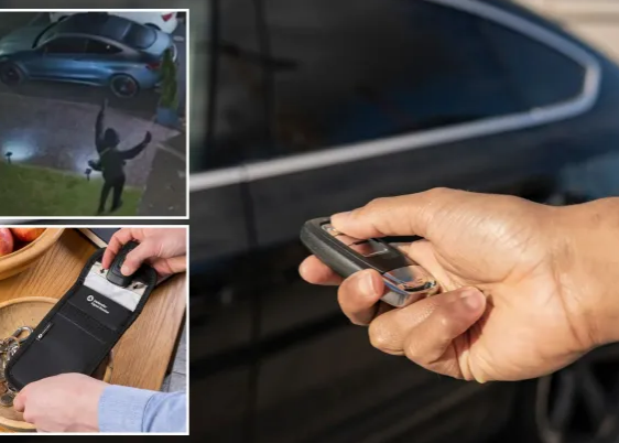 Newspaper article about keyless car theft prevention devices with a hand holding a key fob.