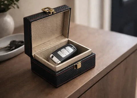 Black key case with a car key inside on a wooden surface