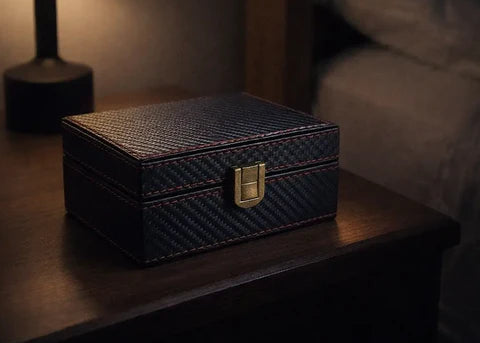 Black textured  signal blocking faraday box box on a wooden nightstand with a softly lit background