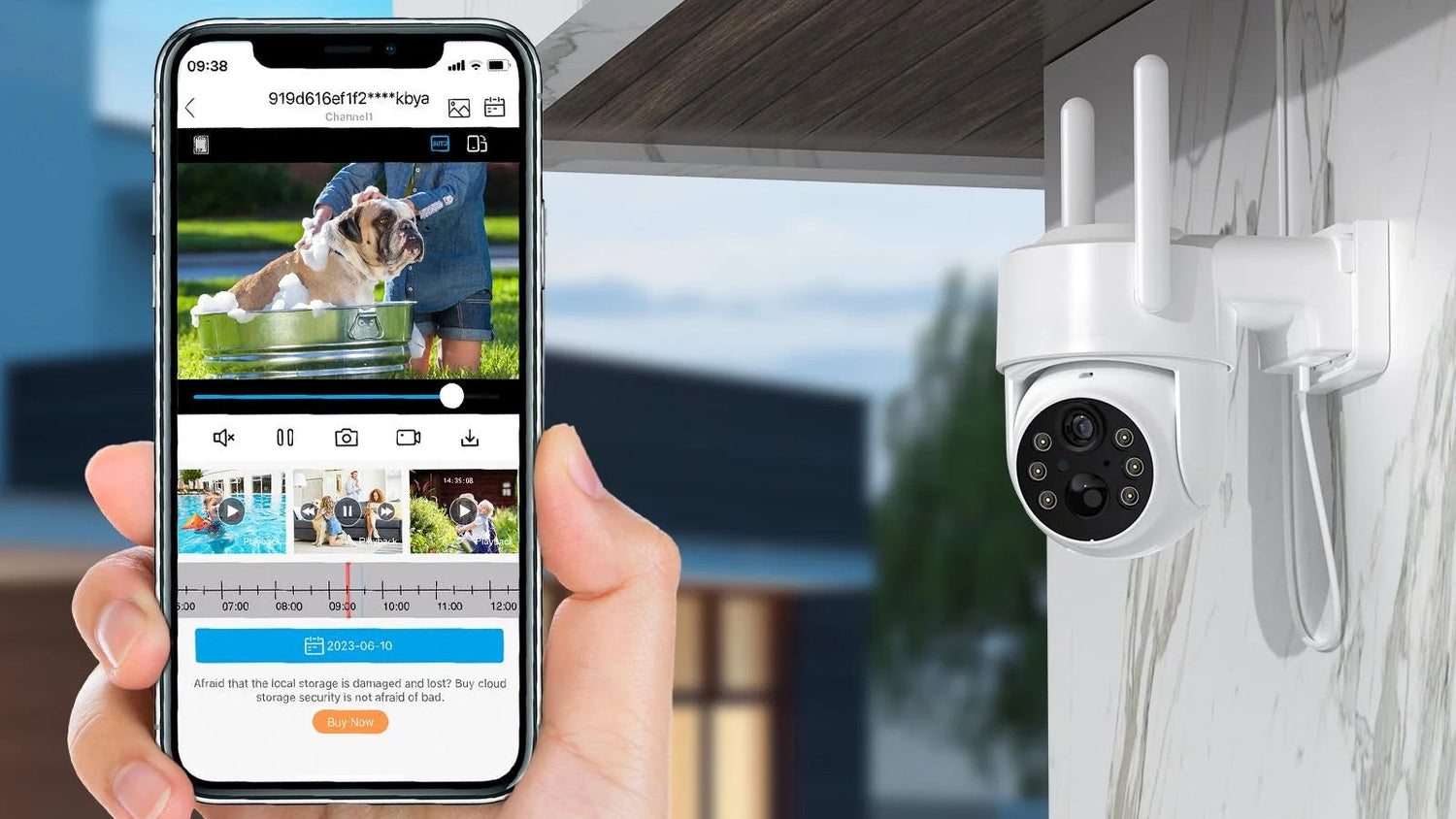 Smart home security system with solar panel, outdoor camera, and smartphone app on a blurred background