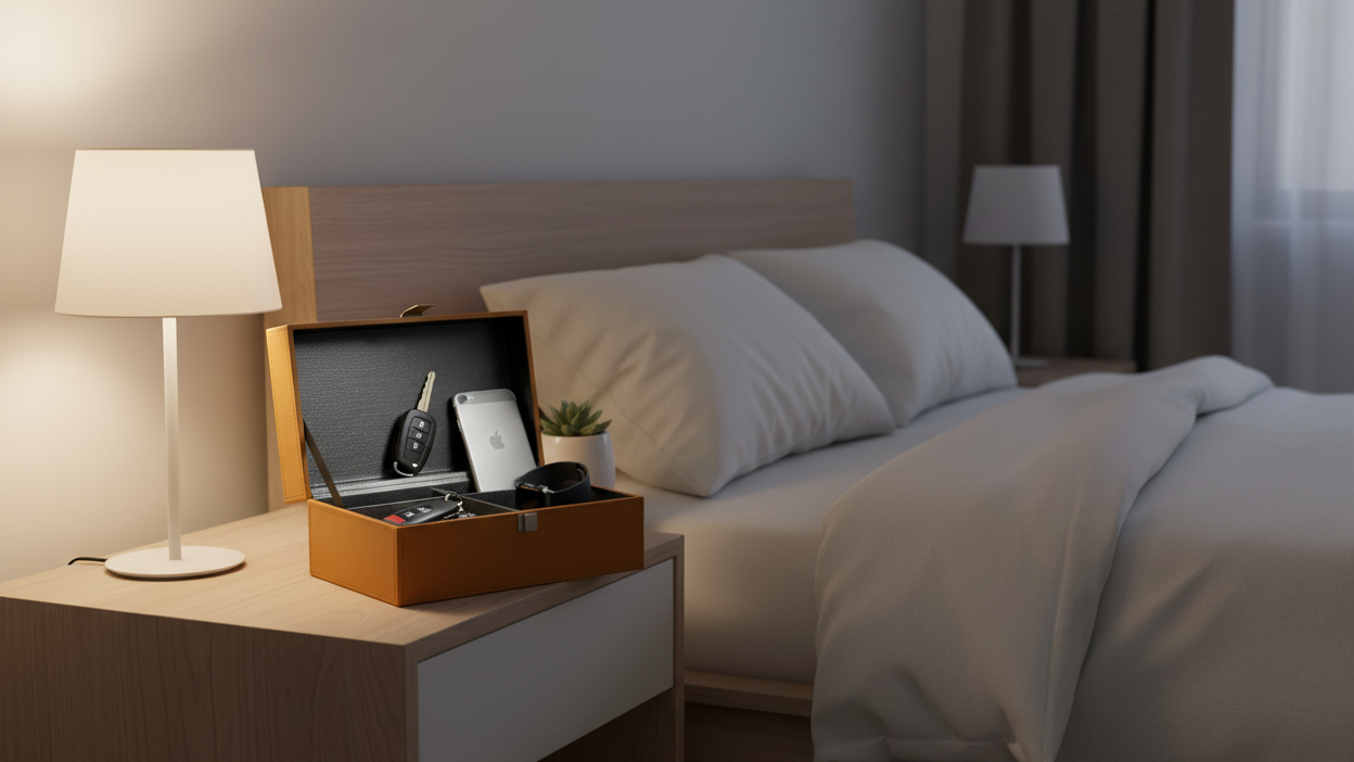 Faraday box on nightstand with devices