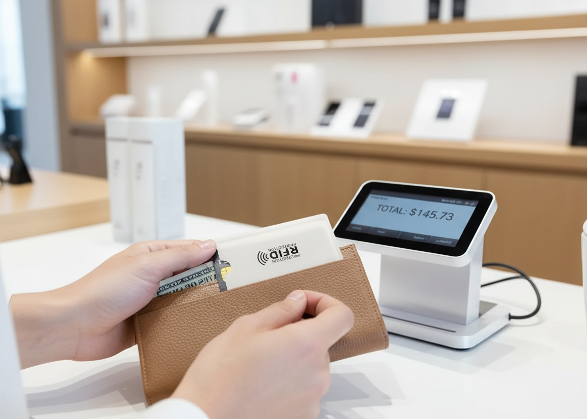 Person holding a wallet with cards protected by an RFID card case near a digital payment terminal in a store setting.