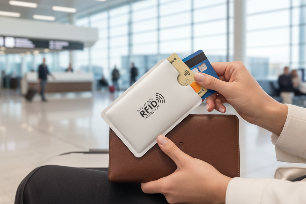 Lifestyle travel scene picturing an RFID blocking credit card sleeve 