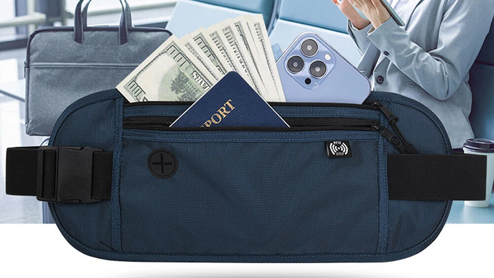 Woman sitting in an airport lounge with a blue waist bag open, showing a laptop, passport, and money.