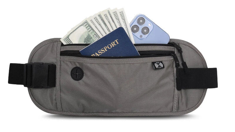 Gray waist bag with compartments for money, passport, and phone on a white background