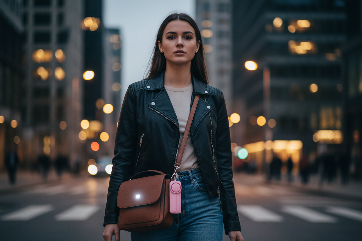 Woman with safety alarm in urban setting